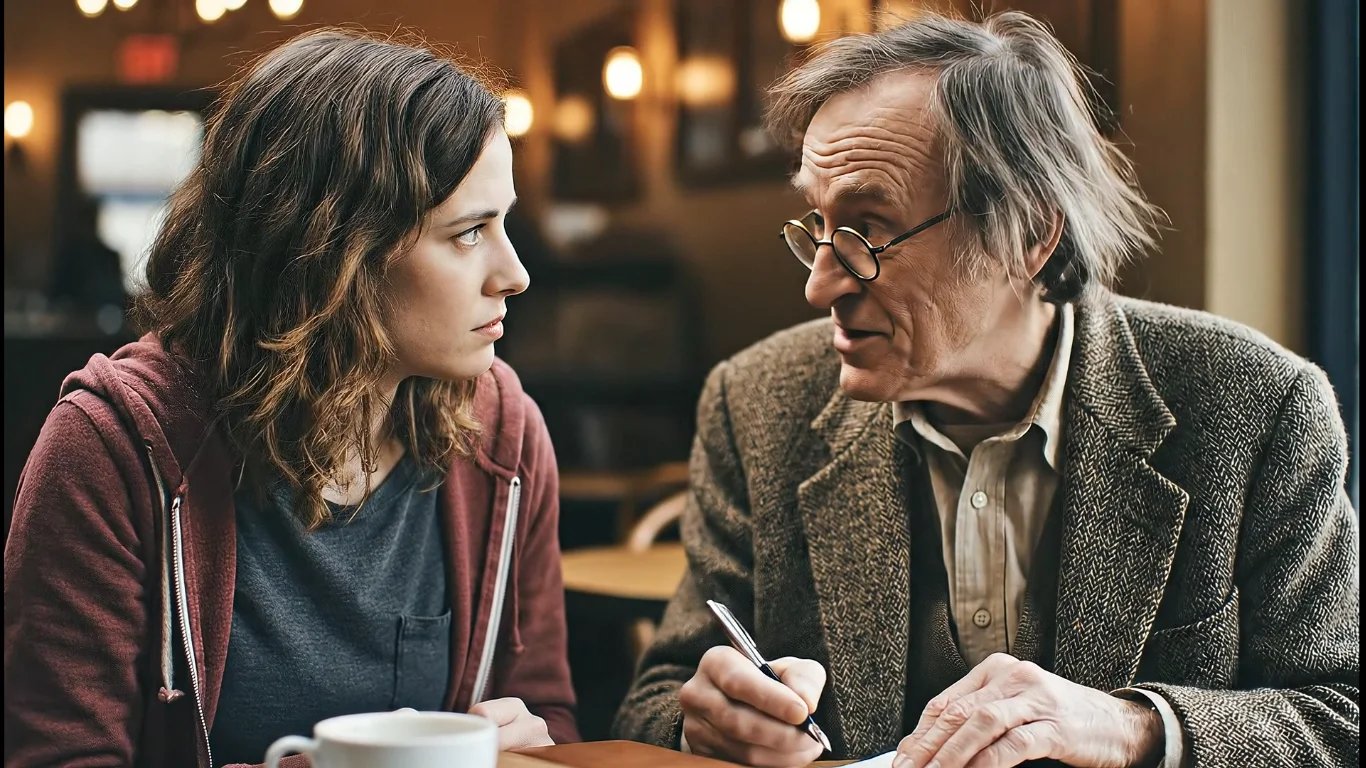 Mara speaks with the Professor at a cafe