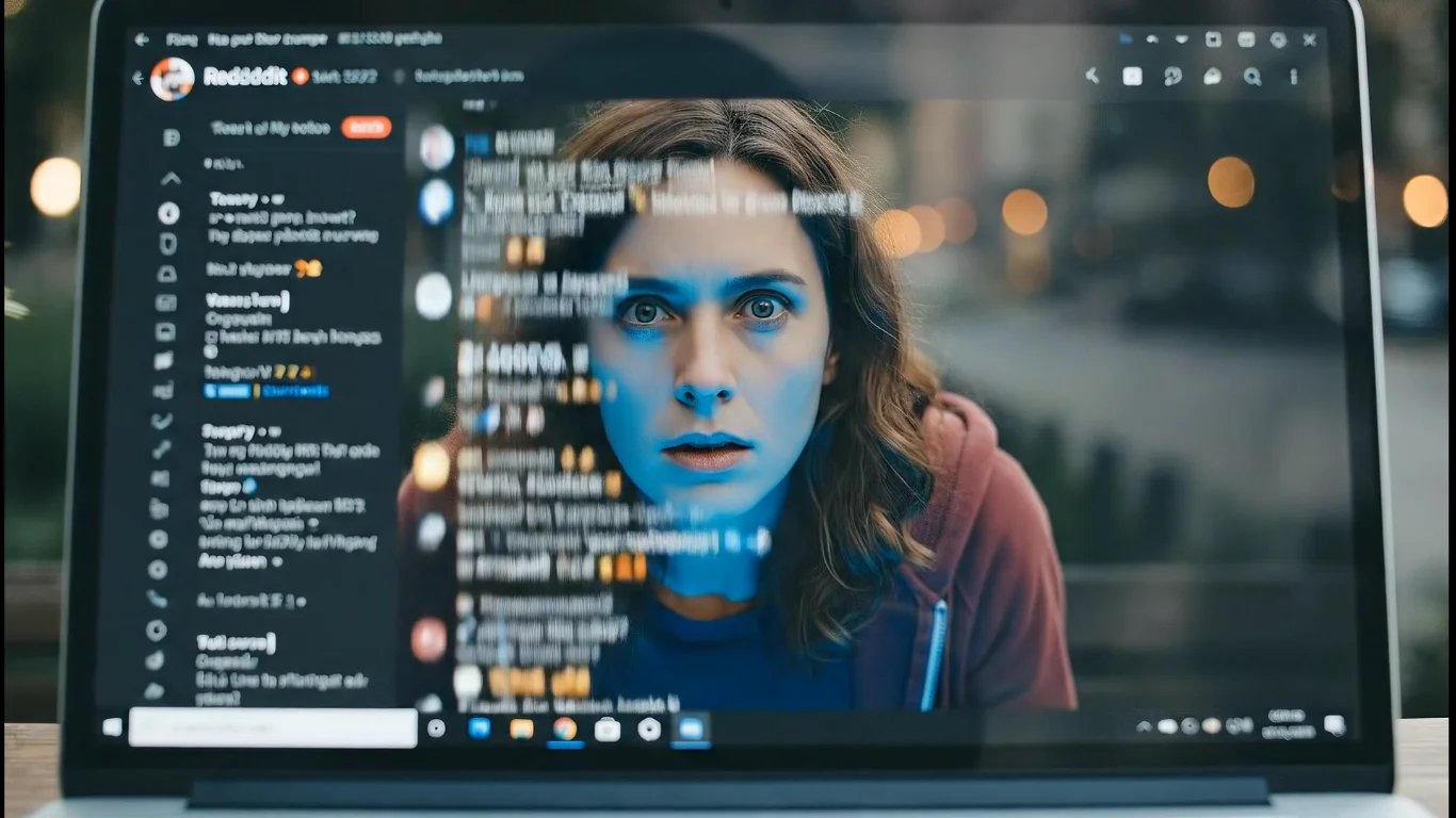 Mara's reflection in her laptop screen showing Reddit