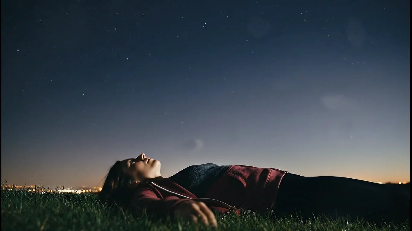 Mara lying on grass, gazing at the night sky