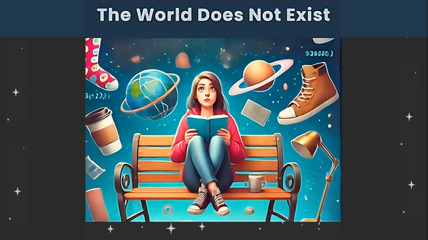 Mara sits on a bench surrounded by floating objects - coffee cups, planets, shoes - questioning reality