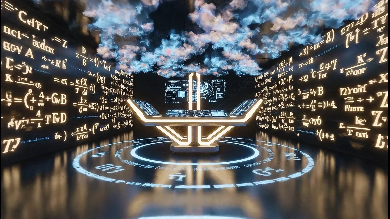 The cosmic control room - walls of floating equations and a central console